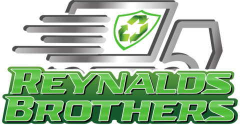 Reynalds Brothers Logo of a line drawing of a service van with a recycling symbol inside of a shield on the side panel speeding to a job with Reynalds Brothers typed out in front and below.