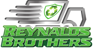Reynalds Brothers Logo of a line drawing of a service van with a recycling symbol inside of a shield on the side panel speeding to a job with Reynalds Brothers typed out in front and below.
