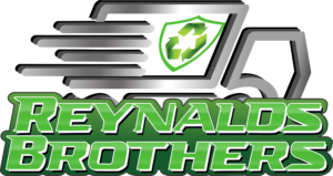 Reynalds Brothers Logo of a line drawing of a service van with a recycling symbol inside of a shield on the side panel speeding to a job with Reynalds Brothers typed out in front and below.