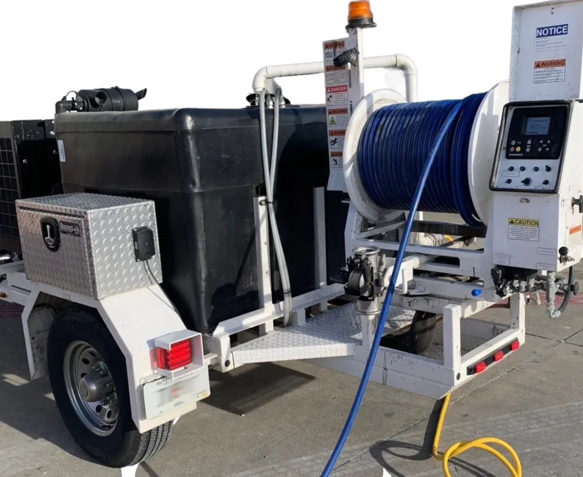 Commercial Hydro-Jetting machine on a white painted trailer with a reel of high pressure blue hose, an orange safety on top. The trailer driver side wheel and taillights are visible.