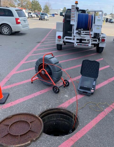 Manhole cover is opened in an asphalt parking lot with cars all around. There is a white truck with a white hydro-jetter trailer in the background, and a sewer line televising camera line going into the manhole. The video monitor is next to the manhole.