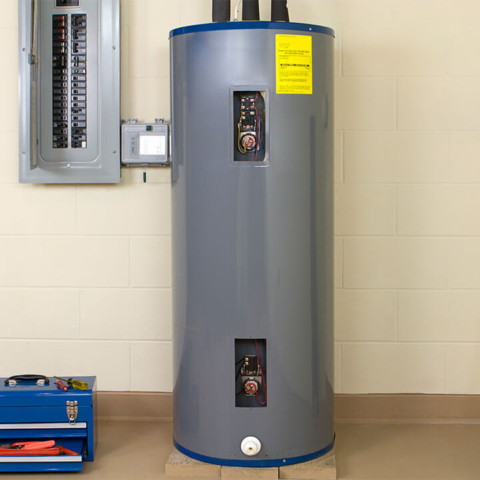 Hot water heater with tool box next to it