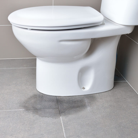 Toilet with a leak and small puddle of water forming around the base
