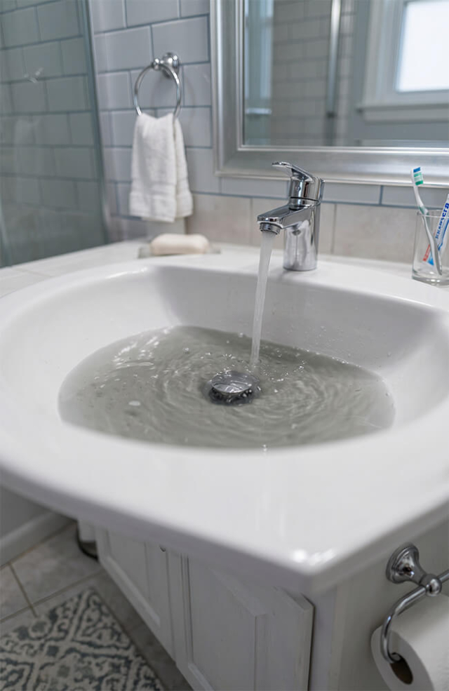 A white bathroom vanity featuring a slow-draining sink with pooling water, highlighting the need for professional residential drain cleaning and plumbing repair services.