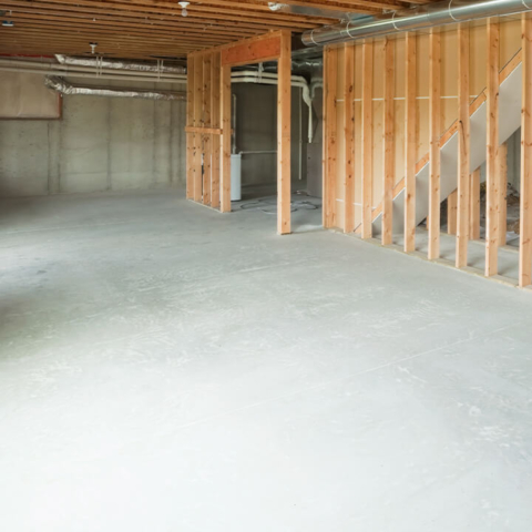 An unfinished residential basement with a concrete slab floor and wood framing, highlighting professional slab leak detection and basement rough-in plumbing services.