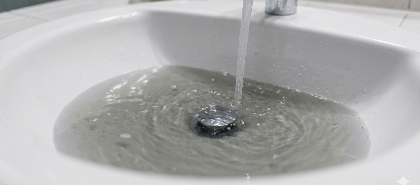 A close-up of a white porcelain sink filled with standing water due to a severe clog, emphasizing the importance of professional drain cleaning and plumbing services.