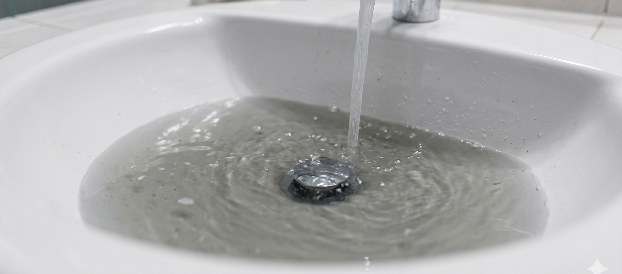 A close-up of a white porcelain sink filled with standing water due to a severe clog, emphasizing the importance of professional drain cleaning and plumbing services.