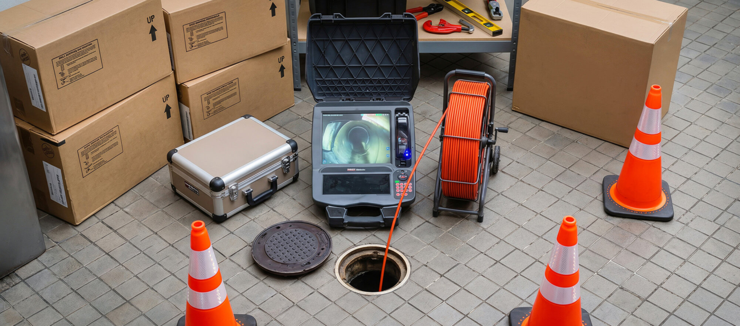 Professional sewer camera inspection equipment setup to diagnose a drainage pipe interior, showcasing advanced diagnostic plumbing services for residential and commercial properties.