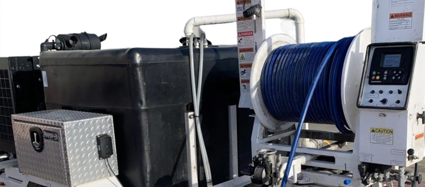 Commercial Hydro-Jetting machine on a white painted trailer with a reel of high pressure blue hose, an orange safety on top. The trailer driver side wheel and taillights are visible.