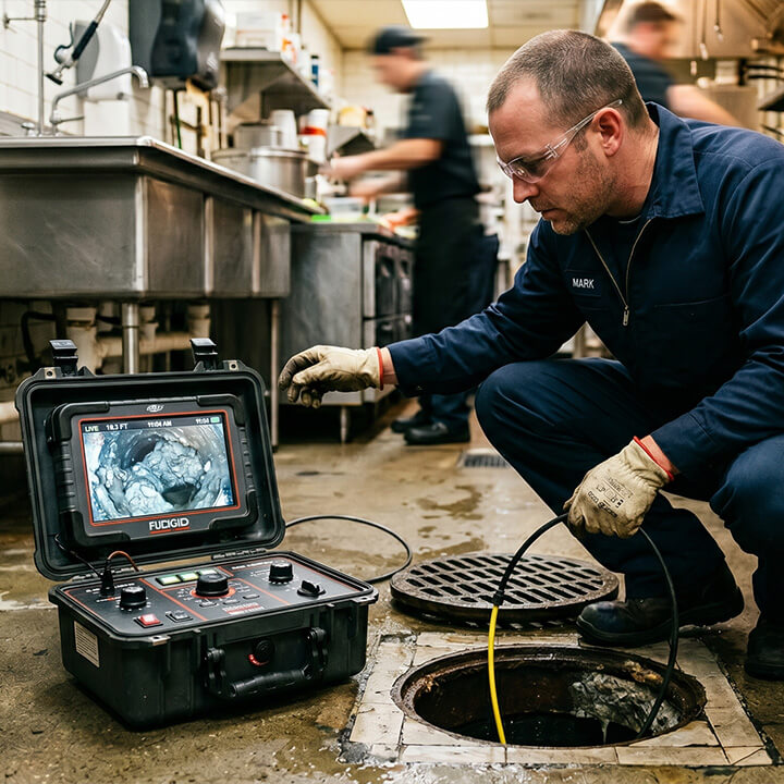 A professional plumber uses a high-tech sewer camera inspection system to identify a blockage within a commercial kitchen drain line.