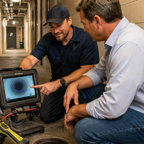 A Reynalds plumbing expert shows a customer a clear, unobstructed pipe on a digital monitor following a successful hydro-jetting service.