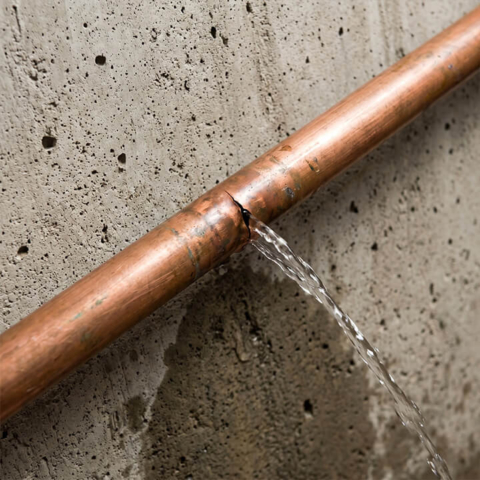 A copper pipe with a high-pressure leak spraying water, demonstrating the importance of expert slab leak detection and professional plumbing repair.