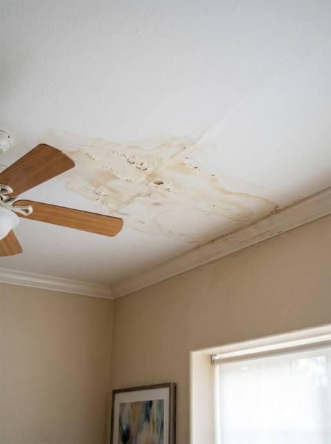 A residential ceiling featuring severe water staining and bubbling plaster caused by an overhead pipe leak, highlighting the need for expert leak detection and plumbing repair services.