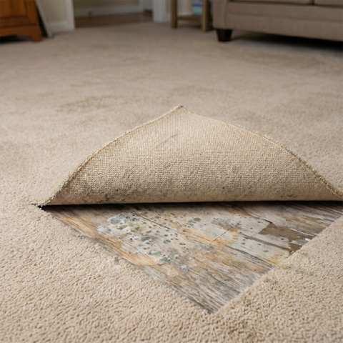 Mold and mildew discovered on a subfloor beneath residential carpeting, signaling a hidden water leak that requires expert plumbing detection and repair.