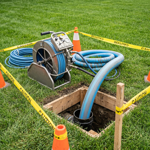Specialized trenchless sewer repair equipment installing a new pipe liner through a small access point, highlighting expert, non-invasive plumbing restoration services.