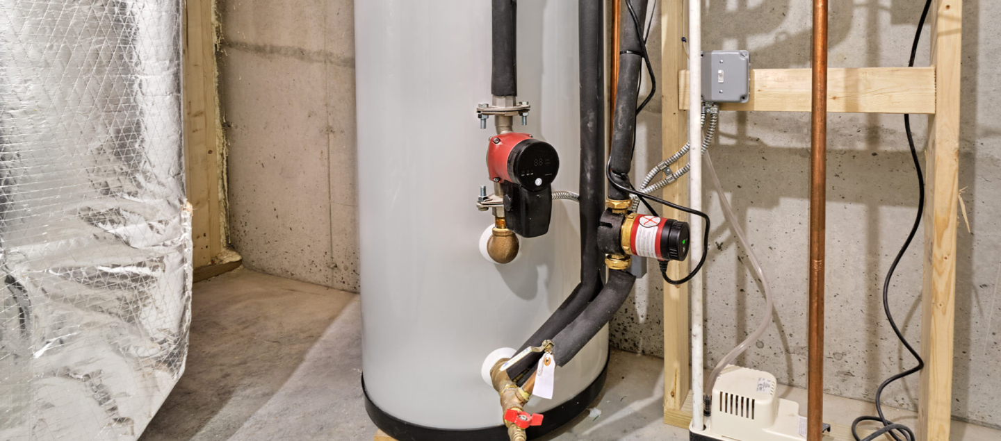 A high-efficiency water heater system featuring insulated piping and a professional circulation pump setup, demonstrating quality plumbing craftsmanship for residential homes.
